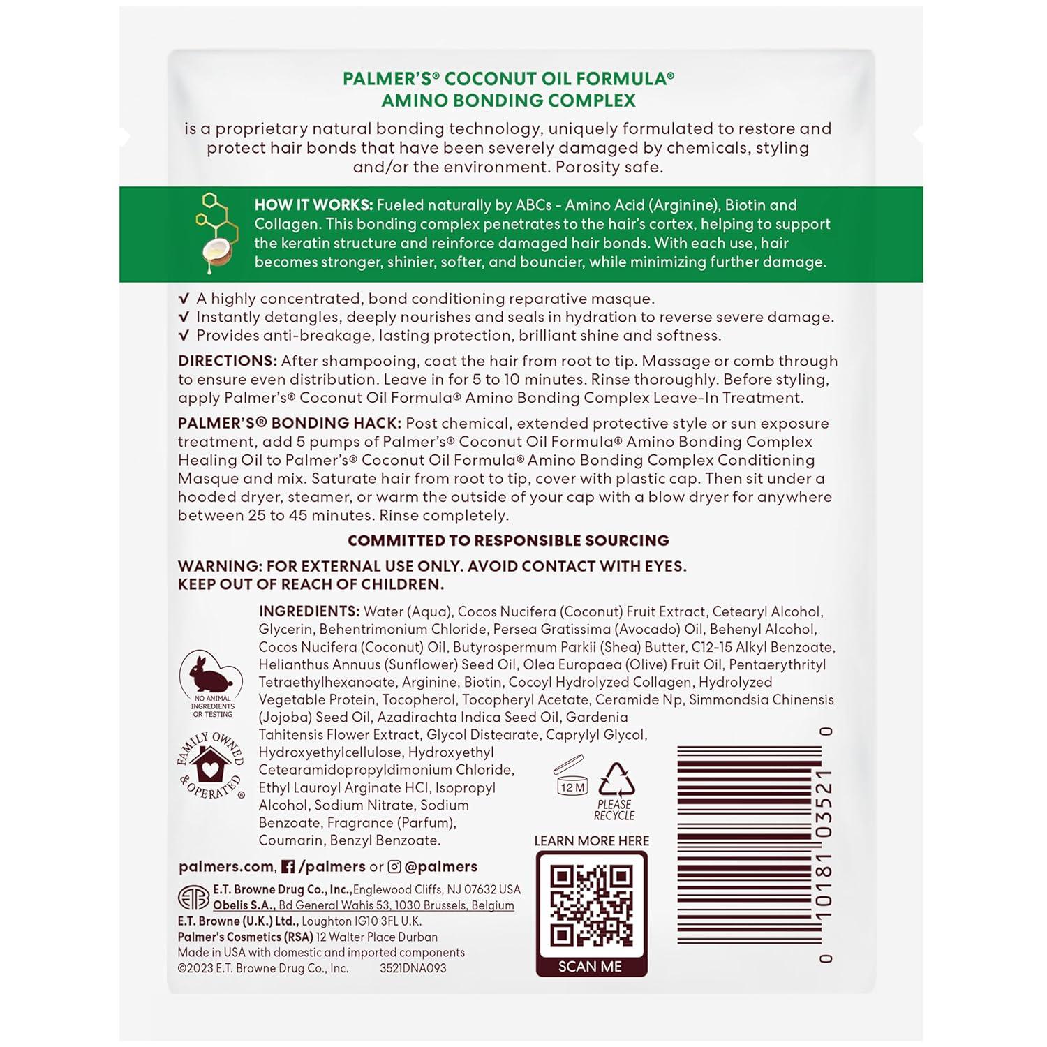 imagePalmers Amino Bonding Complex Hair Mask Intense Conditioning Masque Pack with Coconut Oil amp Vitamin E Heat Protectant Anti Frizz Adds Shine Protects Hair Growth All Hair Types 12 fl oz bottle21 Fl Oz Pack of 1