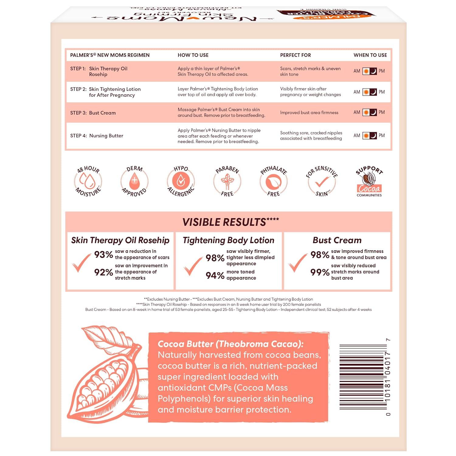 imagePalmers Cocoa Butter Formula New Moms Skin Recovery Postpartum Essentials Body Lotion 85 oz Nursing Butter 11 oz Bust Cream 44 oz Skin Therapy Oil 2 oz Dermatologist Approved