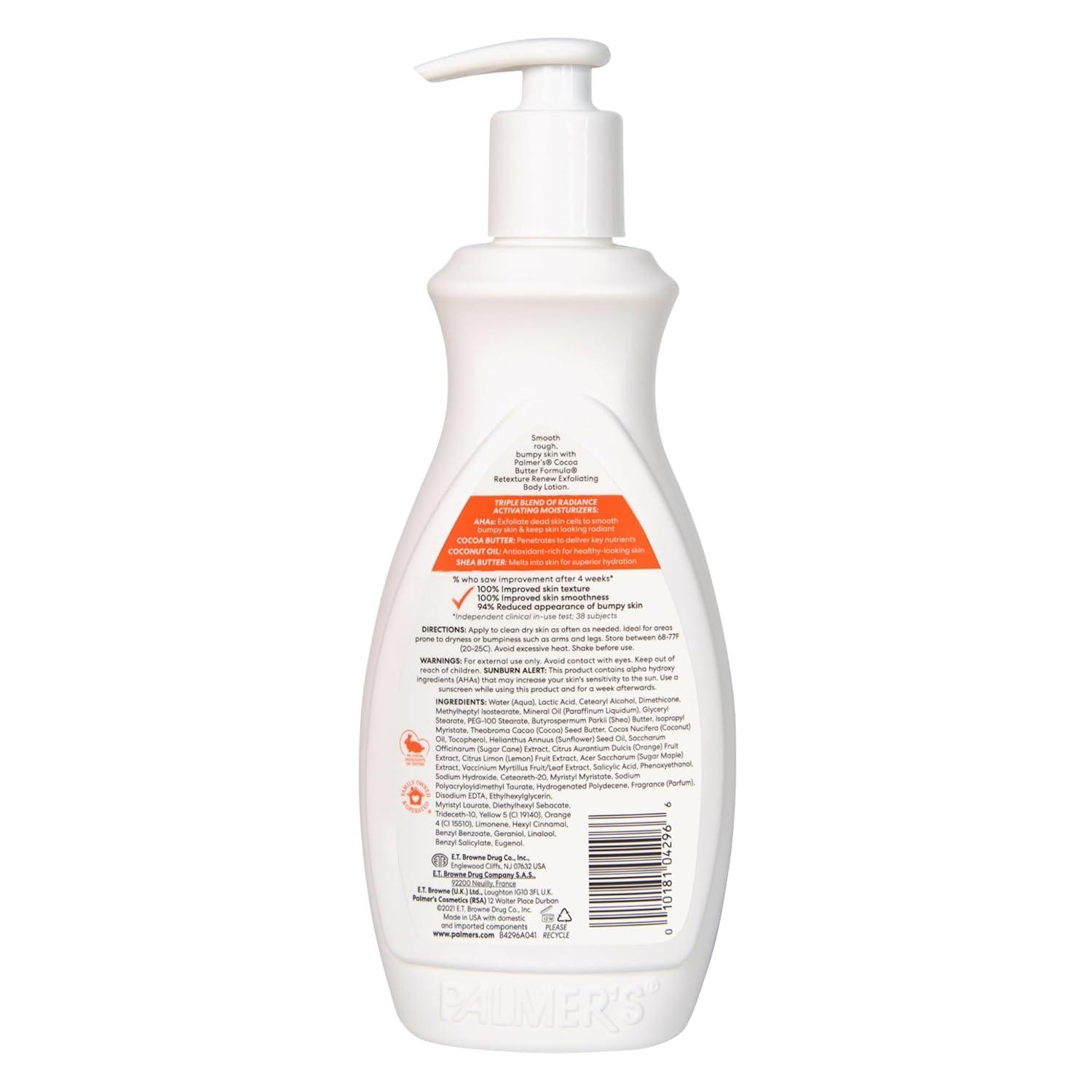 imagePalmers Cocoa Butter Formula Retexture amp Renew Exfoliating Body Lotion for Rough amp Bumpy Skin Triple Action Moisturizers AHAs Pump Bottle 135 Ounce135 Fl Oz Pack of 2