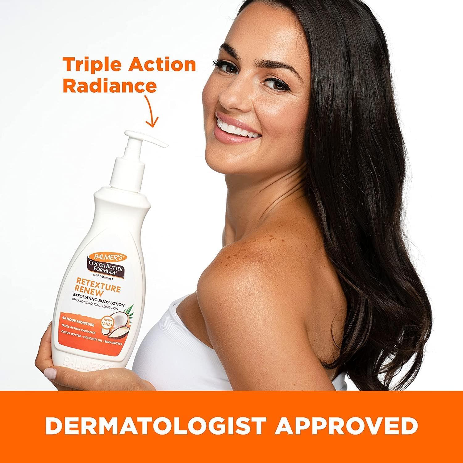 imagePalmers Cocoa Butter Formula Retexture amp Renew Exfoliating Body Lotion for Rough amp Bumpy Skin Triple Action Moisturizers AHAs Pump Bottle 135 Ounce135 Fl Oz Pack of 1