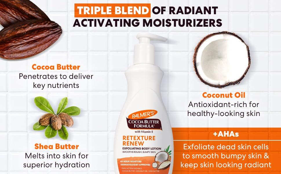 imagePalmers Cocoa Butter Formula Retexture amp Renew Exfoliating Body Lotion for Rough amp Bumpy Skin Triple Action Moisturizers AHAs Pump Bottle 135 Ounce135 Fl Oz Pack of 2