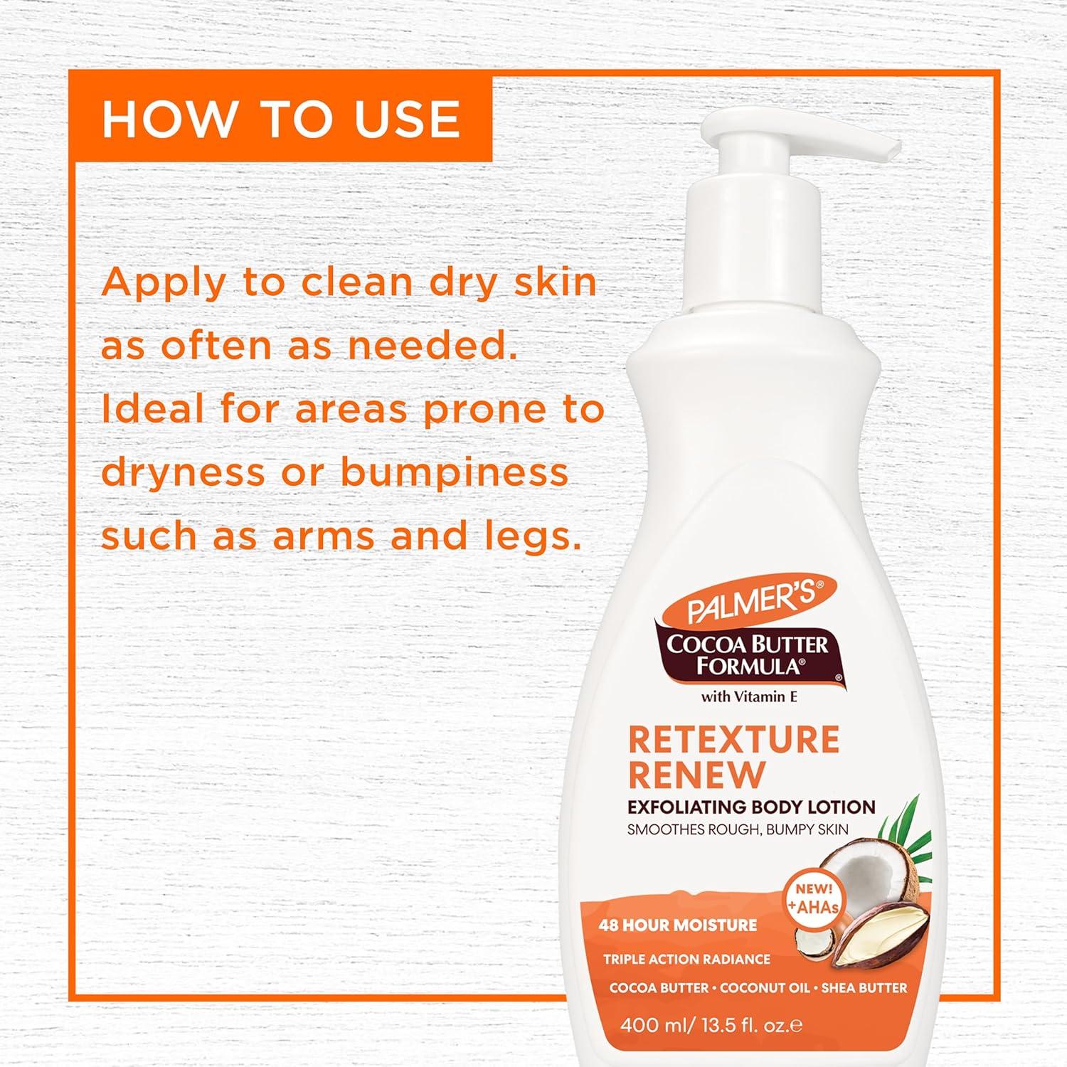 imagePalmers Cocoa Butter Formula Retexture amp Renew Exfoliating Body Lotion for Rough amp Bumpy Skin Triple Action Moisturizers AHAs Pump Bottle 135 Ounce135 Fl Oz Pack of 2