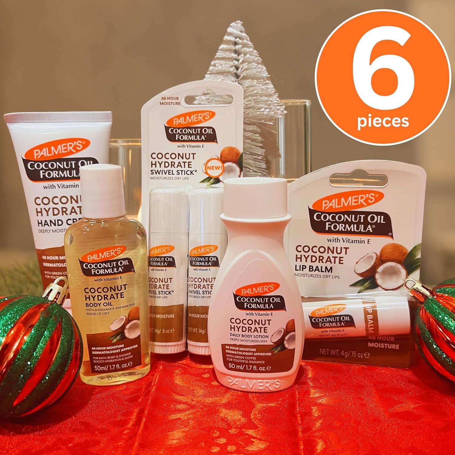 imagePalmers Coconut Oil Formula Mini Stocking Stuffers 6 Piece Moisturizing Body Oil Intensive Body Lotion Swivel Stick Balm Hand Cream Lip Balm Hydrating Skin Care for Dry Skin