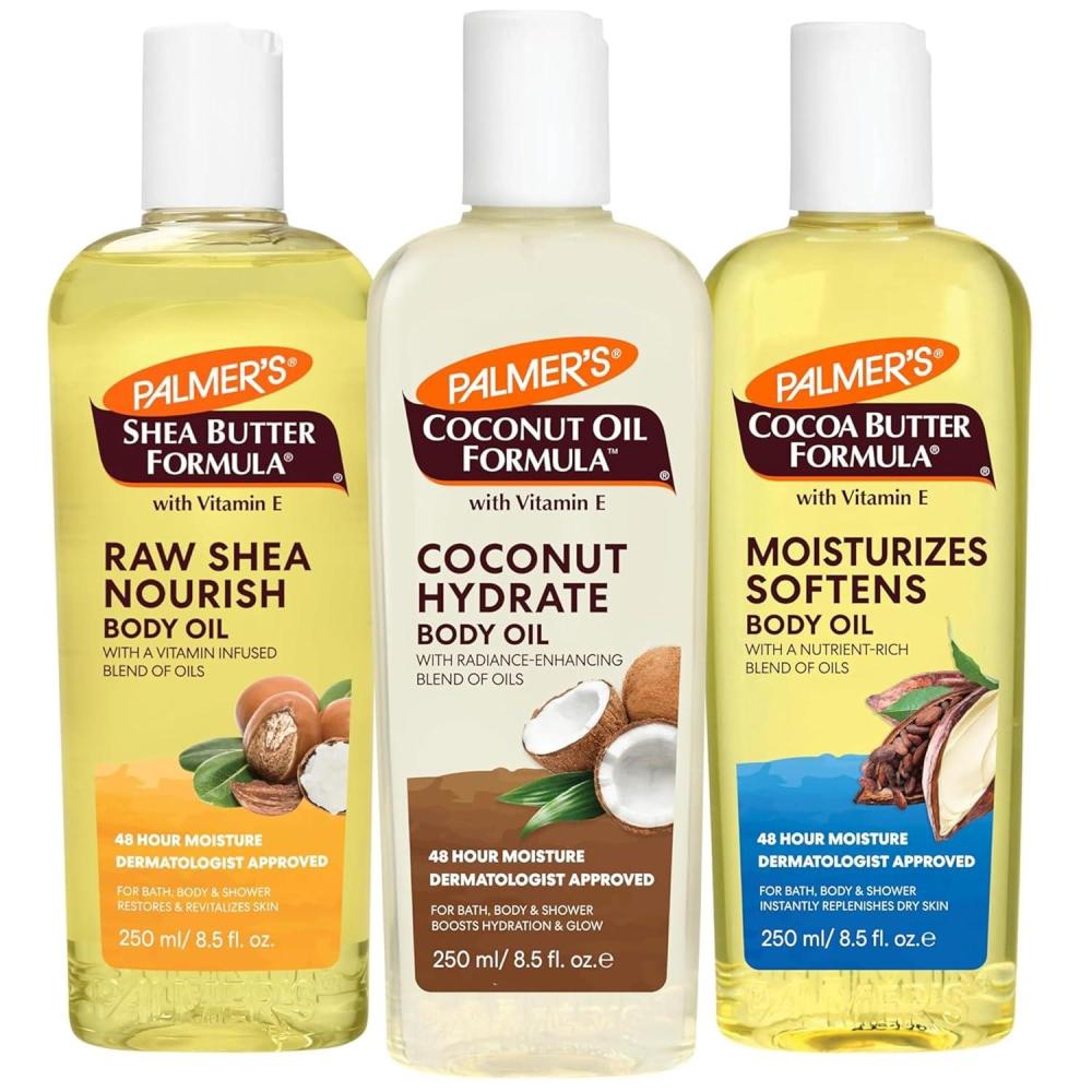 imagePalmers Body Oil Variety Pack Cocoa Butter Coconut and Shea Dermatologist Approved Instant Absorption Bath Body amp Shower 3 Pack 85 oz x 3