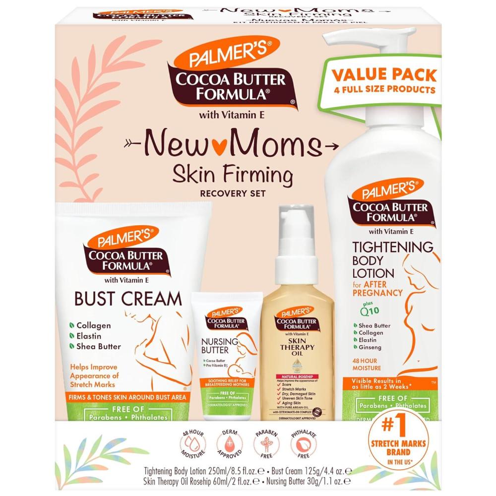 imagePalmers Cocoa Butter Formula New Moms Skin Recovery Postpartum Essentials Body Lotion 85 oz Nursing Butter 11 oz Bust Cream 44 oz Skin Therapy Oil 2 oz Dermatologist Approved