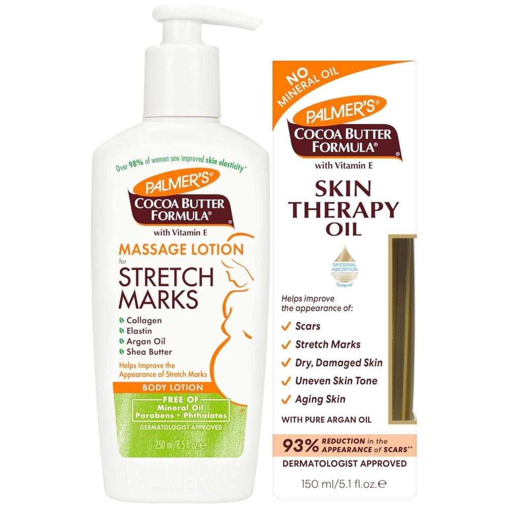 imagePalmers Stretch Mark Care Body Lotion Body Oil Bundle Cocoa Butter Formula with Vitamin E Skin Care for Pregnant Women Includes 1 Massage Oil 51 fl oz and 1 Massage Lotion 85 fl oz